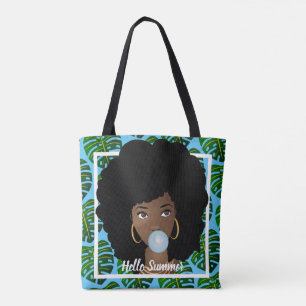 Hello Summer, Black Woman, Tropical Leaves, Blue Tote Bag