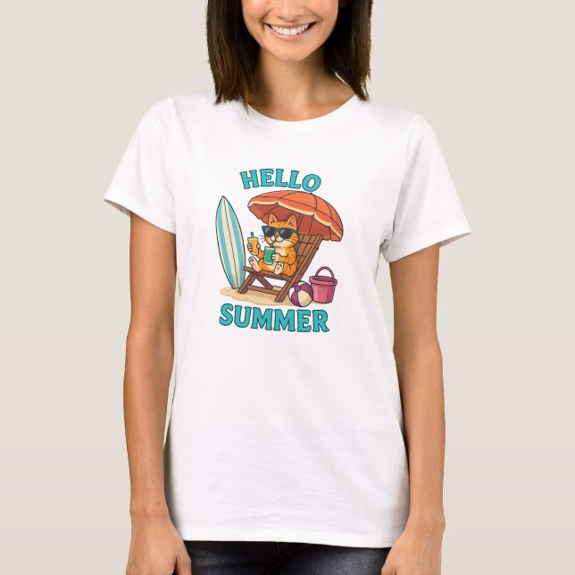 Hello Summer Cat T-Shirt – Cute Cartoon Beach Gift (Front)