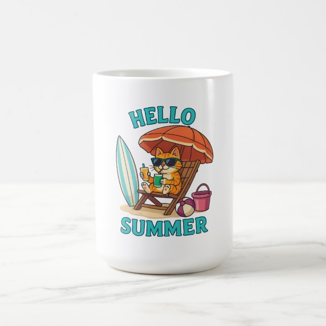 Hello Summer Cat T-Shirt – Cute Cartoon Beach Gift Coffee Mug (Center)