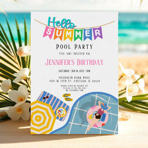 Hello Summer Colourful Banner Pool Party Birthday Invitation