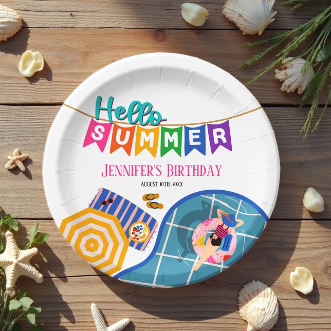 Hello Summer Colourful Banner Pool Party Birthday Paper Plate (Creator Uploaded)