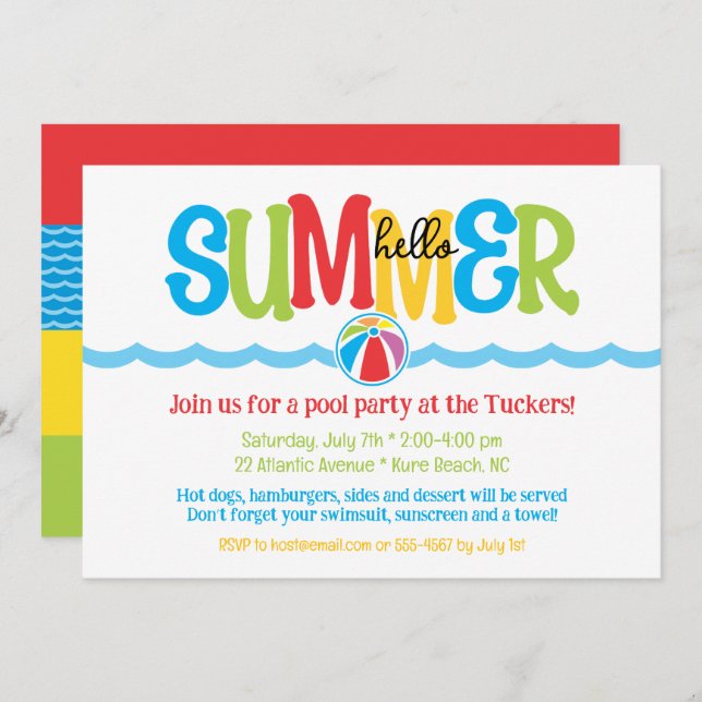 Hello Summer Colourful Beach Ball Waves Pool Party Invitation (Front/Back)