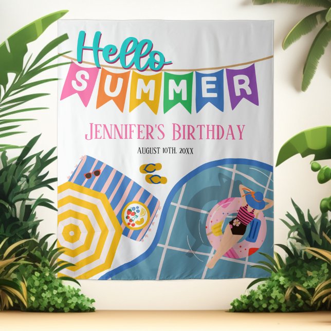 Hello Summer Colourful Pool Party Bday Backdrop Tapestry (Creator Uploaded)