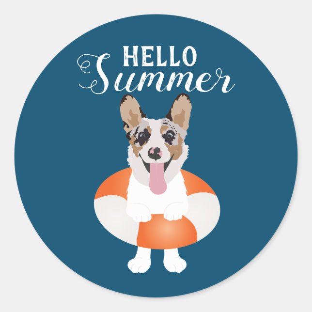 Hello Summer Corgi Beach Dogs Classic Round Sticker (Front)