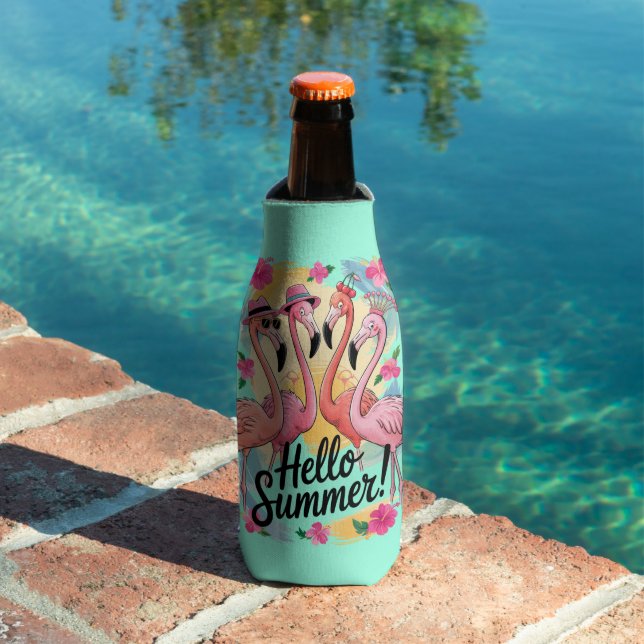 Hello Summer Cute Flamingo Beach Vacation Tropical Bottle Cooler (In Situ Pool)