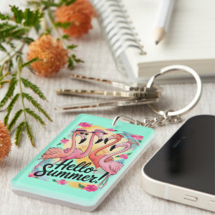 Hello Summer Cute Flamingo Beach Vacation Tropical Key Ring
