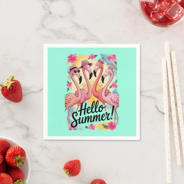 Hello Summer Cute Flamingo Beach Vacation Tropical Napkin (Insitu)