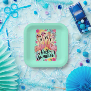 Hello Summer Cute Flamingo Beach Vacation Tropical Paper Plate
