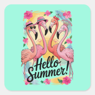 Hello Summer Cute Flamingo Beach Vacation Tropical Square Sticker