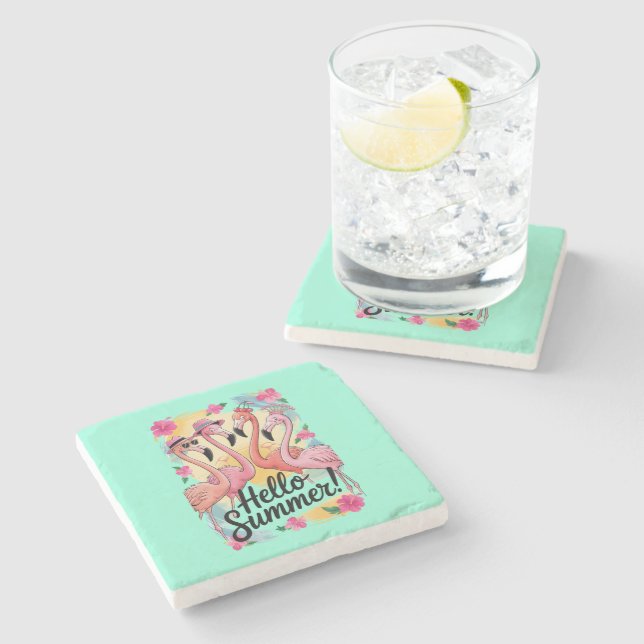 Hello Summer Cute Flamingo Beach Vacation Tropical Stone Coaster (Side)