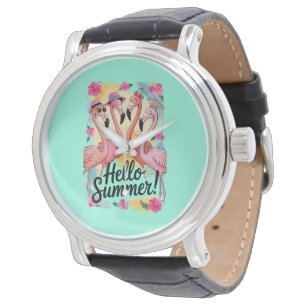 Hello Summer Cute Flamingo Beach Vacation Tropical Watch