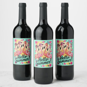 Hello Summer Cute Flamingo Beach Vacation Tropical Wine Label