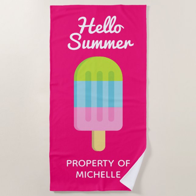 Hello summer cute popsicle ice cream pink custom beach towel (Front)