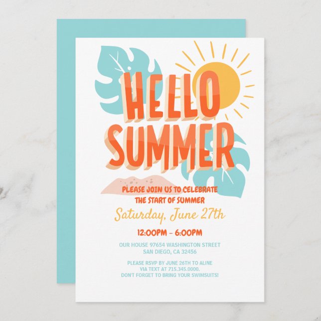 Hello summer, end of school party, Pool Party Invitation (Front/Back)