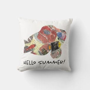 Hello Summer Fish Corals Tropical Sea Watercolor Cushion