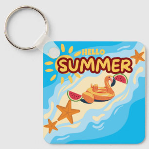 Hello Summer Flamingo Beach Key Ring