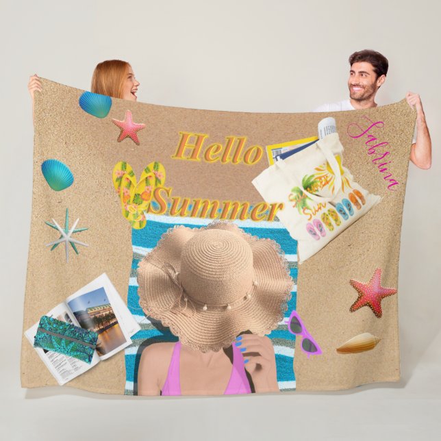 Hello Summer Fun Beach Sea Sand Cover Personalised Fleece Blanket (In Situ)