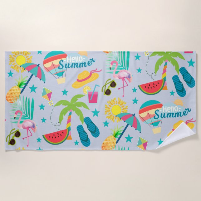 Hello Summer Fun Pattern Beach Towel (Front)