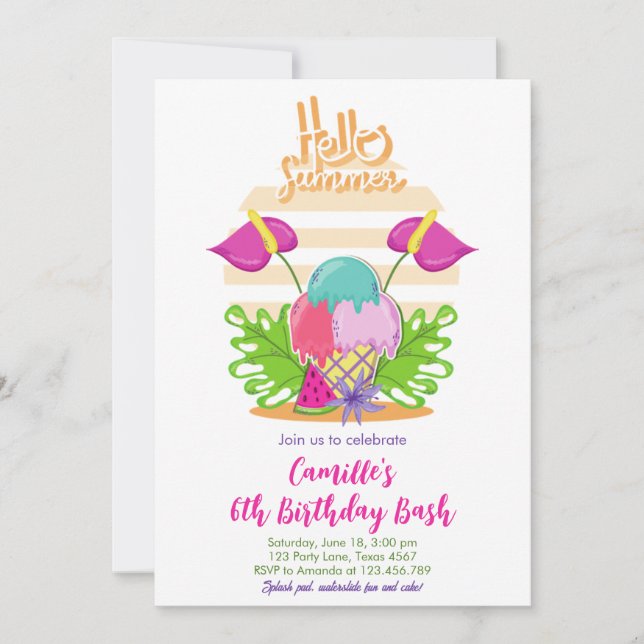 Hello Summer Girl Birthday  Invitation (Front)