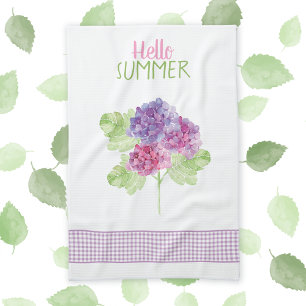 Hello Summer Hydrangea Gingham Kitchen Towel