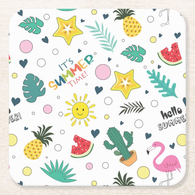 Hello Summer, It's Summer Time, Summer Fun Square Paper Coaster (Front)