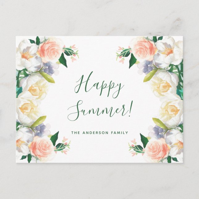 Hello Summer lush florals white coral peach garden Postcard (Front)