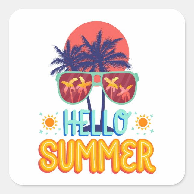 Hello Summer Modern Minimalist Sun Typography Square Sticker (Front)