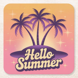 Hello Summer Palm Trees Stars Pink Coaster Set