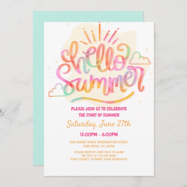 Hello Summer Party, Last Day of School, pool party Invitation (Front/Back)
