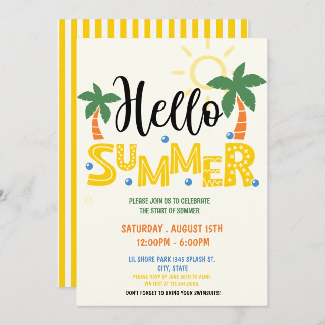 Hello Summer Party, Last Day of School, pool party Invitation (Front/Back)