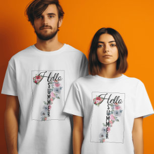 Hello summer pink and blue watercolor flowers T-Shirt