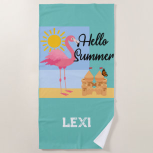 Hello Summer Pink Flamingo Design - Beach Towel