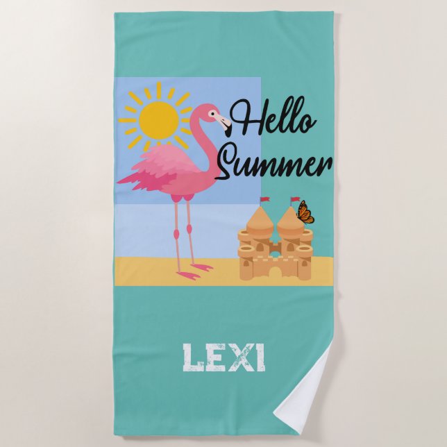 Hello Summer Pink Flamingo Design - Beach Towel (Front)