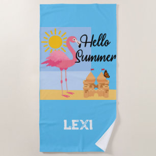 Hello Summer Pink Flamingo Design - Beach Towel