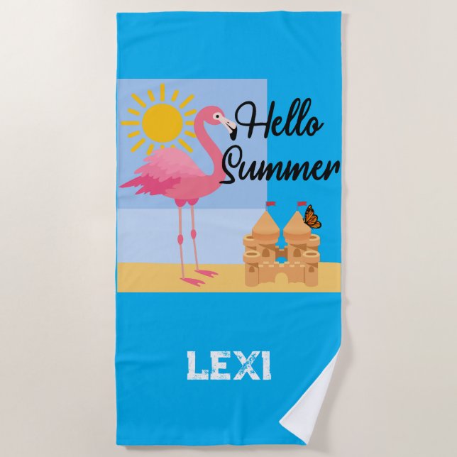 Hello Summer Pink Flamingo Design - Beach Towel (Front)