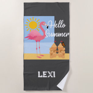 Hello Summer Pink Flamingo Design - Beach Towel