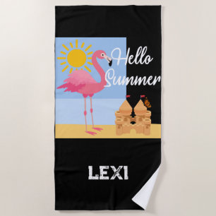Hello Summer Pink Flamingo Design - Beach Towel
