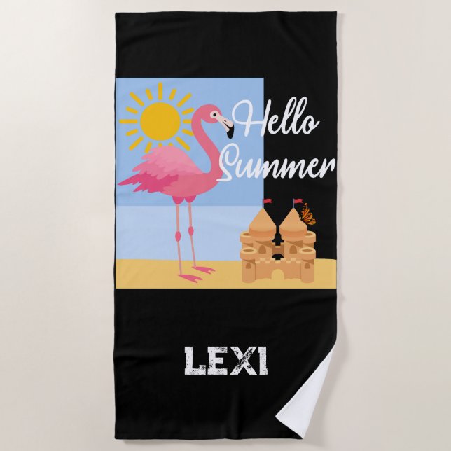 Hello Summer Pink Flamingo Design - Beach Towel (Front)