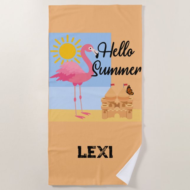 Hello Summer Pink Flamingo Design - Beach Towel (Front)