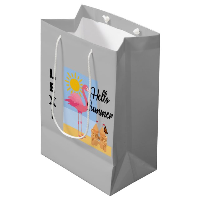 Hello Summer Pink Flamingo Design - Gift Bag - Med (Front Angled)