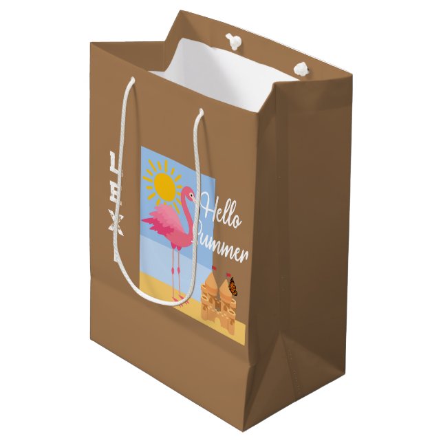 Hello Summer Pink Flamingo Design - Gift Bag - Med (Front Angled)