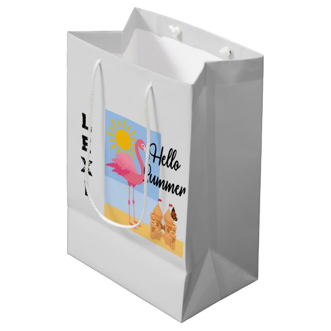 Hello Summer Pink Flamingo Design - Gift Bag - Med (Front Angled)