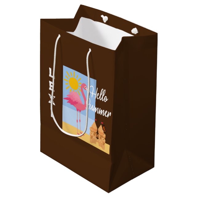 Hello Summer Pink Flamingo Design - Gift Bag - Med (Front Angled)