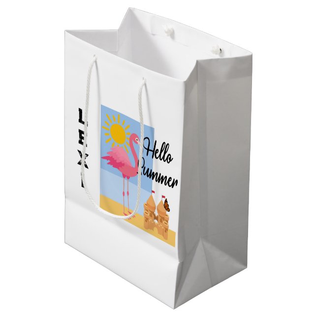 Hello Summer Pink Flamingo Design - Gift Bag - Med (Front Angled)