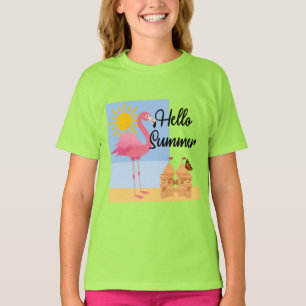 Hello Summer Pink Flamingo Design - Girls' Basic T T-Shirt