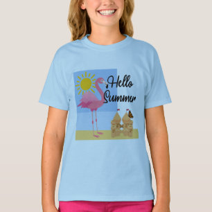 Hello Summer Pink Flamingo Design - Girls' Basic T T-Shirt