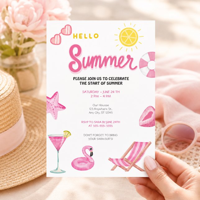 Hello Summer Pool Party Pink Beach Fun Invitation (Creator Uploaded)