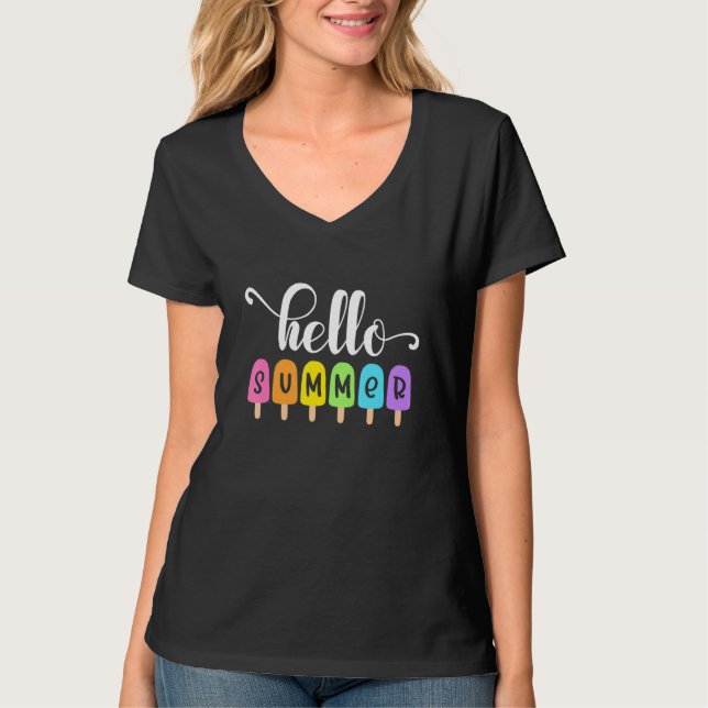 Hello Summer Popsicles Cute Pastel Graphic Design T-Shirt (Front)
