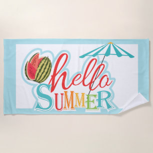 Hello Summer Quote Beach Umbrella Watermelon Blue  Beach Towel