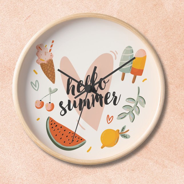 Hello Summer Quote Colourful Cute Nursery Kids Clock (In situ wall)